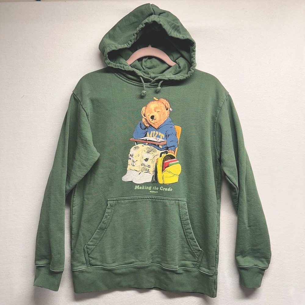 MARKET Making The Grade Bear Hoodie Sz S Sweatshirt Pullover Green Graphic
